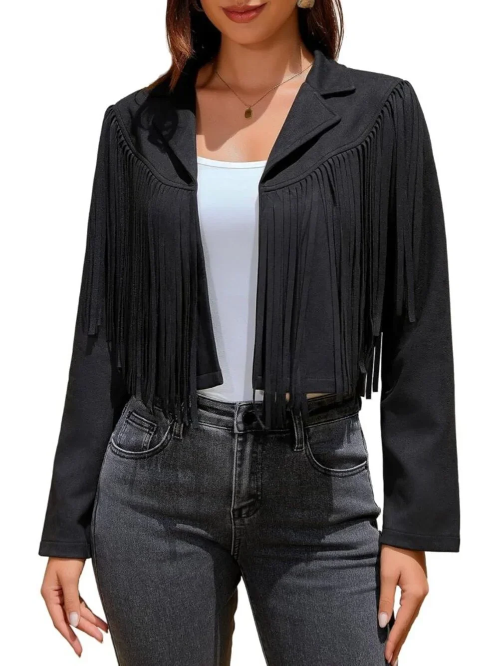 Women's Black Fringe Faux Suede Leather Jackets Fashion Fall Western Tassel Coat